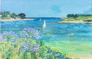 Un tableau qui représente l'Aber benoît l'eau est bleu et vert , les agapanthes violet rose, un beau matin d'été