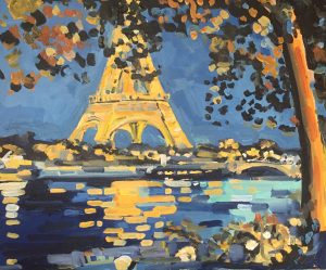 la Tour Eiffel dans des teintes or et orangées, couleurs d'automne et ciel et Seine sont bleu de cobalt et bleu turquoise