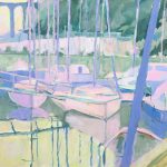 Peinture du port de Morlaix et ses voiliers dans les tons debrose et de vert